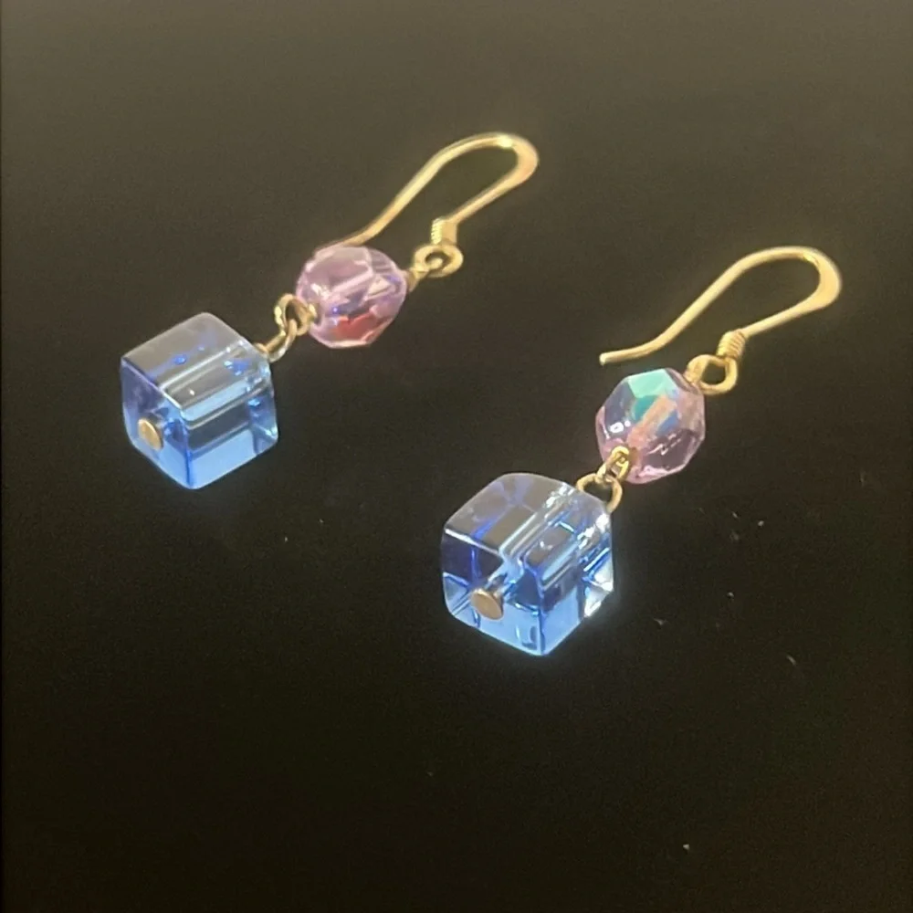 925 Silver Iridescent Purple and Blue Glass Bead Dangle Hook Earrings - Picture 3 of 4